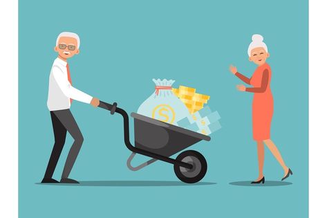 Pension fund investment. Old man pushing wheelbarrow with money in bank. Financial system for senior citizen, helping from government, guaranteed support and social security Pension Fund, Senior Citizen, Old Age, Old Men, Old Man, Social Security, Investment, Government, Family Guy