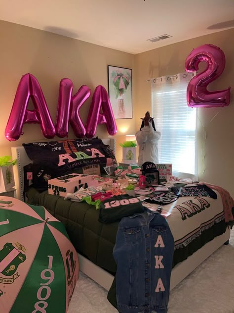 Aka College Graduation Pictures, Aka Decorated Room, Aka Probate Gifts Room, Aka Crossing Gifts, Aka Room Decorations, Aka Coming Out Pictures, Aka Bedroom, Aka Photoshoot Ideas, Alpha Kappa Alpha Clothing