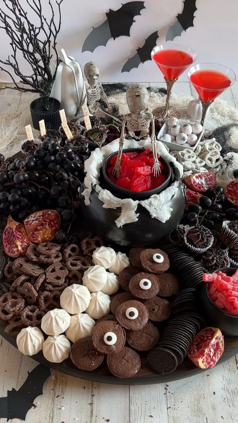 do you like dessert tables Spooky 60th Birthday, Victorian Themed Halloween Party, Conjuring Theme Party, Wednesday Charcuterie Board, Jackolantern Charcuterie, Gothic Candy Bar, Spooky Bachelorette Party Food, Horror Tea Party, Masquerade Party Snacks