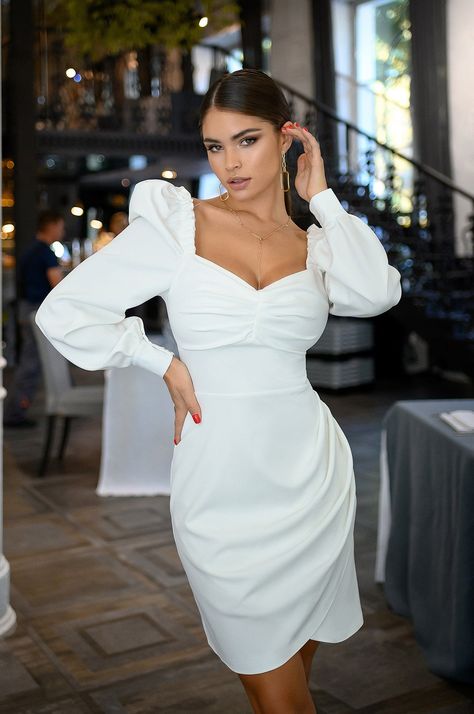 White Puff-Sleeve Mini Dress Convocation Dress, White Classy Dress, Nice White Dresses, White Puff Sleeve Dress, Mode Poses, Puffy Wedding Dresses, Marriage Dress, Stylish Short Dresses, Wedding Reception Dress