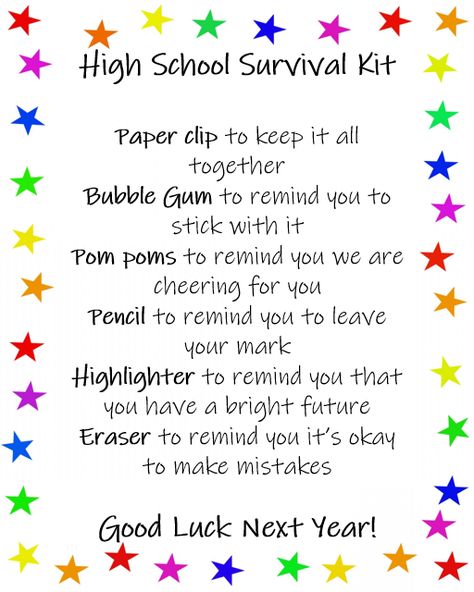 I created a high school survival kit for my 8th graders as a fun little end of the year gift. Year 6 Farewell Ideas, End Of Year Gifts For Students High School, Student Survival Kit Gifts, Goodie Bags For High School Students, Grade 7 Farewell Ideas, Year 6 Graduation Gift Ideas, Year 6 Graduation Gifts, Back To School Survival Kit For Teens, Highschool Survival Kit Gift Ideas