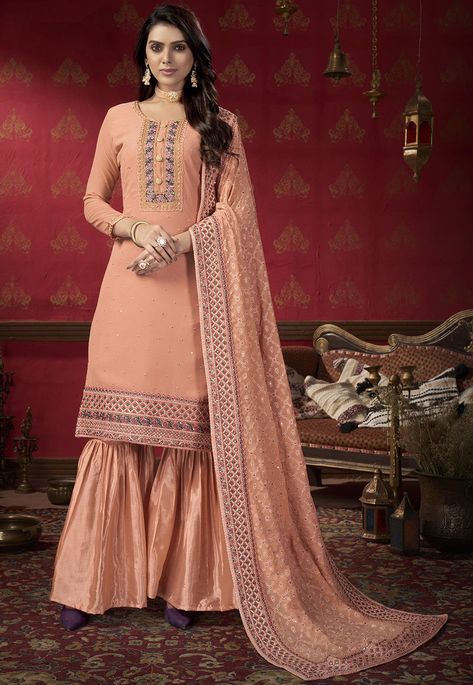 Peach Sharara Suit, Peach Sharara, Gharara Suits, Latest Salwar Kameez, Georgette Dupatta, Georgette Tops, Salwar Kameez Online, Sharara Suit, Casual Wear Dress