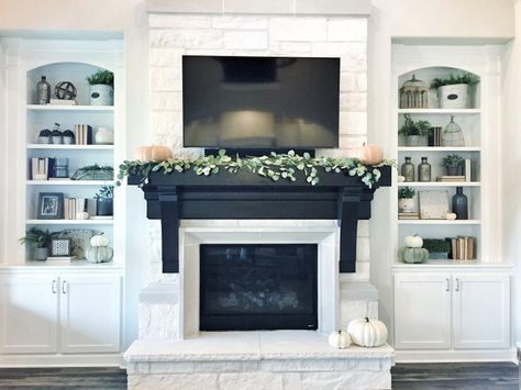 Dark Stained Mantel Color. Fireplace mantel is stained in a dark brown/black color called Ebony by DuraSeal. Limestone fireplace Black Mantel, Black Mantle, Painted Fireplace, White Brick Fireplace, Fireplace Mantel Shelf, Fireplace Shelves, Room Addition, Fireplace Built Ins, Focal Wall