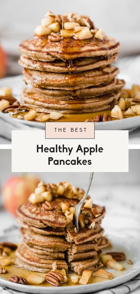 Healthy apple pancakes made right in the blender! These fluffy gluten free apple pancakes are made with oats, applesauce, a touch of maple syrup and cinnamon for the most delicious healthy breakfast perfect for toddlers, kids and adults. #pancakes #apples #applerecipe #fallfood #healthybreakfast #breakfastrecipe #kidfriendly Gluten Free Apple Cinnamon Pancakes, Healthy Apple Pancakes, Apple Pancakes Healthy, Healthy Breakfast Recipes For Kids, Breakfast Recipes For Kids, Applesauce Pancakes, Shred 10, Whole Wheat Banana Bread, Delicious Healthy Breakfast