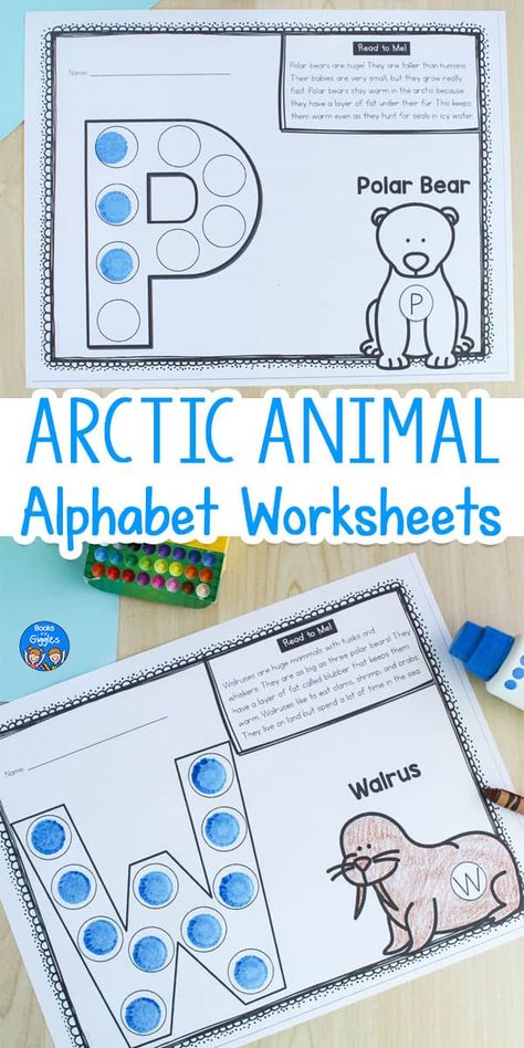 These free printable winter alphabet worksheets for dot markers are a fun preschool literacy activity. Each worksheet features a different animal (arctic fox, lemming, narwhal, polar bear, reindeer, snowy owl, and walrus), and fun facts about each animal. Use these as part of an arctic animal unit, or individually as a letter of the week worksheet. Artic Animal Toddler Activities, Arctic Crafts For Preschool, Artic Lesson Plans Preschool, Arctic Lesson Plans For Preschool, Preschool Artic Animal Crafts, Preschool Polar Bear Activities, Arctic Animals Lesson Plans Preschool, Preschool Artic Animals Activities, Artic Animal Crafts For Preschoolers