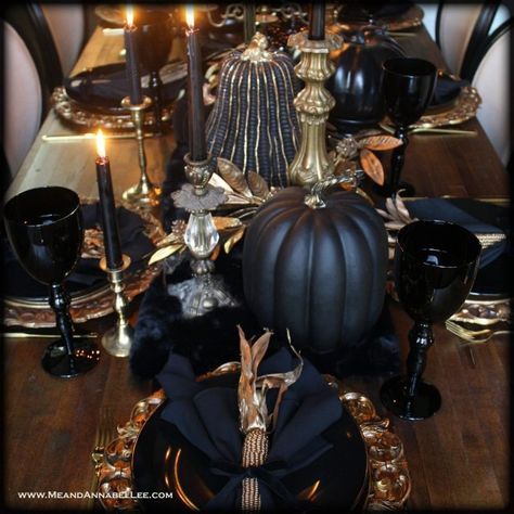 DIY Gothic Baroque Skull Candle Sconces | Me and Annabel Lee Black And Gold Fall Table Setting, Gothic Thanksgiving Decor, Black Gold Halloween Decor, Black And Orange Thanksgiving Table, Thanksgiving Table Settings Elegant Gold, Dark Thanksgiving Table, Black And Gold Thanksgiving Table, Black Thanksgiving Decor, Black And Gold Fall Decor