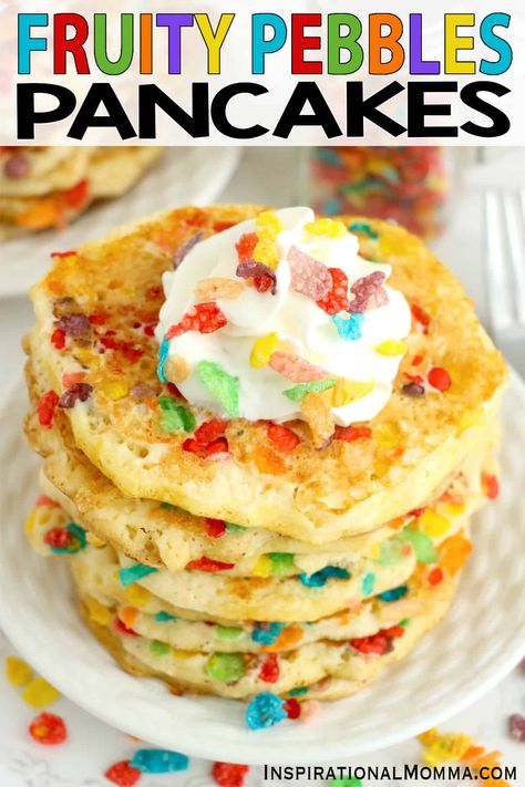 Pancake With Fruit Breakfast Ideas, Fruity Pebble Pancakes, Fruity Pebbles Recipes, Recipes With Fruity Pebbles, Kid Friendly Breakfast Ideas, Brinner Ideas, Cereal Pancakes, Kid Breakfast, Basic Pancake Recipe