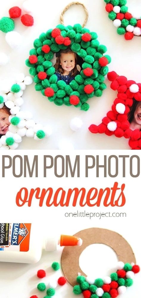 Pom Pom Christmas, Christmas Diy Kids, Christmas Crafts For Toddlers, Preschool Christmas Crafts, Ornament Craft, Christmas Crafts For Kids To Make, Kids Christmas Ornaments, Kids Christmas Party, Photo Christmas Ornaments