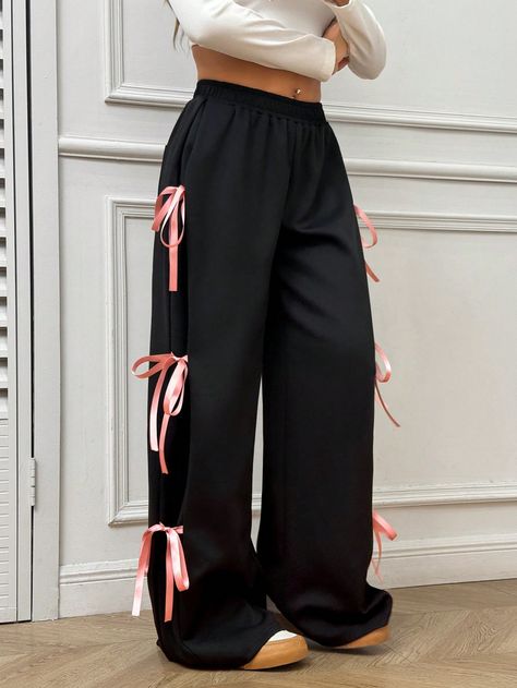 Sweet And Cute Pink Bow Tie Belted Pants For Spring/Summer Black    Knitted Fabric Plain Straight Leg Slight Stretch  Women Clothing, size features are:Bust: ,Length: ,Sleeve Length: Tie Belted Pants, Ribbon Pants, Bow Tie Pants, Tie Pants, Pink Bow Tie, Loose Hoodie, Belted Pants, Summer Black, Women Pants Casual