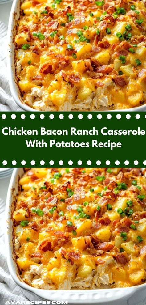 Craving a satisfying meal that everyone will love? This Chicken Bacon Ranch Casserole is the answer. With its creamy goodness and crispy bacon, it’s a delicious choice for your family dinner table. Chicken Bacon Ranch Potato Bake, Casserole With Potatoes, Chicken Bacon Ranch Bake, King Ranch Casserole, Bacon Recipes For Dinner, Bacon Ranch Casserole, Ranch Casserole, Bacon Ranch Potatoes, Yummy Casserole Recipes