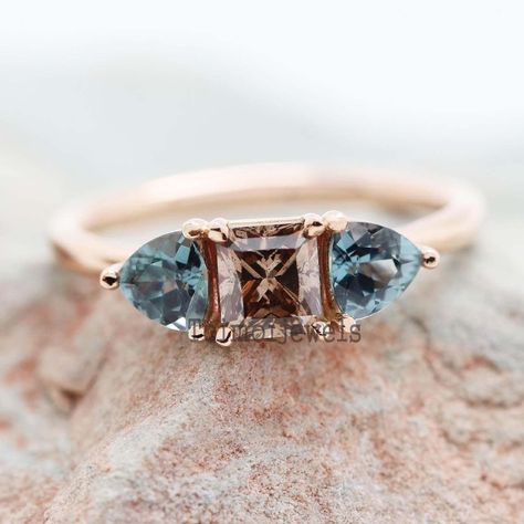 Three Stone Engagement Rings Gold, Princess Cut Sapphire Ring, Trillion Cut Diamond Ring, Brown Princess, Brown Diamond Ring, Sapphire Wedding Ring, Engagement Ring Gold, Brown Rings, Ring Inspiration