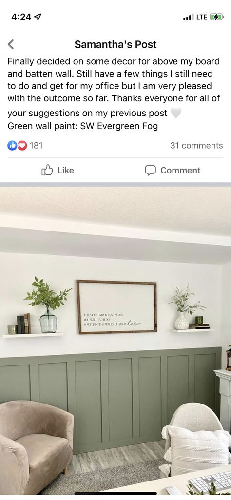 White And Green Accent Wall, Boho Waynes Coating, Green Board And Batten Wall Living Room, Vertical Shiplap Office Wall, Farmhouse Living Room Accent Wall Color, Sage Green Batten Board, Sage Green Board And Batten Wall Bathroom, Board And Batten Nursery Accent Wall, Sage Green Wainscoting Bedroom