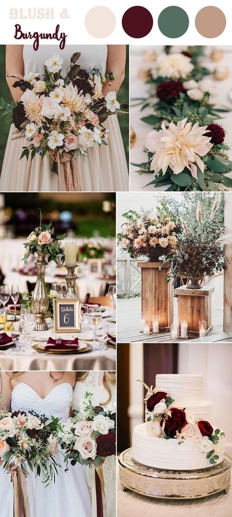 blush and burgundy classic wedding ideas with glitter accents Wedding Color Schemes Winter, Wedding Color Combinations, Wedding Color Palettes, Wedding Color Combos, Rustic Wedding Decorations, Maroon Wedding, Winter Wedding Colors, Fall Wedding Colors, Wedding Color Palette