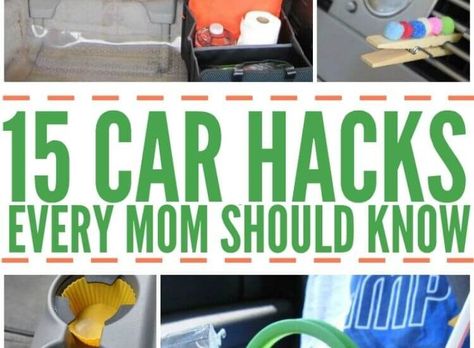 15 Car Hacks Every Mom Should Know - Collage of shower caddy food holder, silicone cupcake liners in car cupholders, zipper pouches, shoe organizer in trunk, cereal container garbage bin, essential oil air freshener Car Packing, Vacation Videos, Car Organization, Car Fix, Organisation Hacks, Car Cleaning Hacks, Suitcase Packing, Kids Travel, Vacation Packing