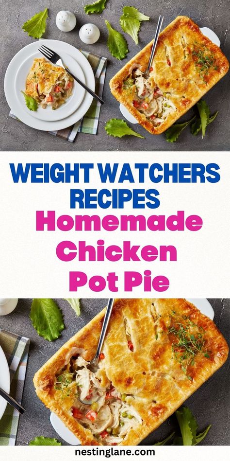 Graphic for Pinterest of Homemade Weight Watchers Chicken Pot Pie Recipe. Ww Chicken Pot Pie Recipe, Weight Watchers Chicken Breast Recipes, Chicken Pie Recipes, Weight Watchers Chicken Breast, Weight Watchers Chicken Pot Pie, Flavorful Chicken Breast Recipes, Weight Watchers Pancakes, Weight Watchers Food Points, Weight Watchers Casserole