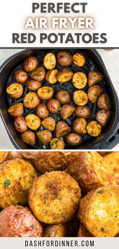 If you're looking for healthy side dishes that you can make in your air fryer, you need this delicious recipe for Air Fryer Red Potatoes! Made with olive oil and a few simple seasonings, this easy air fryer recipe is perfect for weeknights or even for meal prep. Creamer Potatoes Air Fryer, Air Fryer Baby Potatoes, Air Fryer Roasted Potatoes, Gold Potato Recipes, Baby Potato Recipes, Air Fry Potatoes, Creamer Potatoes, Roasted Baby Potatoes, The Best Air Fryer