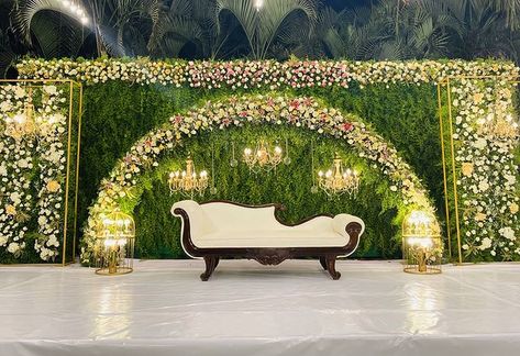 Engagement Decorations Indian Simple, Varmala Stage, Pellikoduku Decor, Engagement Stage, Indian Wedding Stage, Engagement Stage Decoration, Engagement Decoration, Reception Stage Decor, Simple Stage Decorations