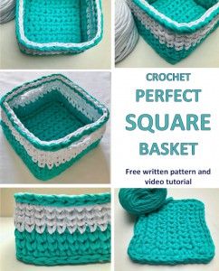 4 Inch Crochet Square Free Pattern, Crochet With T Shirt Yarn Projects, T Shirt Crochet Pattern, T Shirt Yarn Baskets Crochet, Crochet Large Square Basket Pattern Free, Crochet Granny Square Basket, T Shirt Crochet Projects, Crochet Square Storage Baskets Free Pattern, Easy Crochet Baskets For Beginners Free