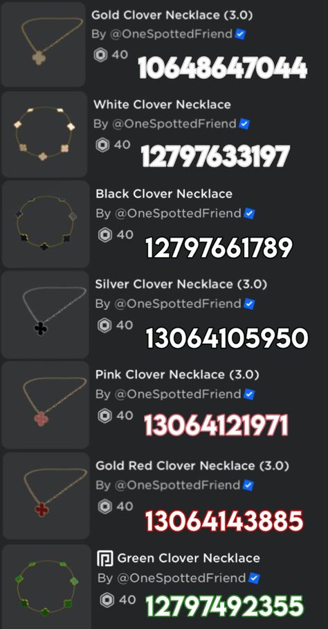 Van Cleef Necklace, Preppy Necklaces, Berry Avenue Codes, Blocksburg Outfit Codes￼, Bloxburg Decals Codes Aesthetic, Free T Shirt Design, Bloxburg Decals Codes, Black Hair Roblox, Clover Jewelry