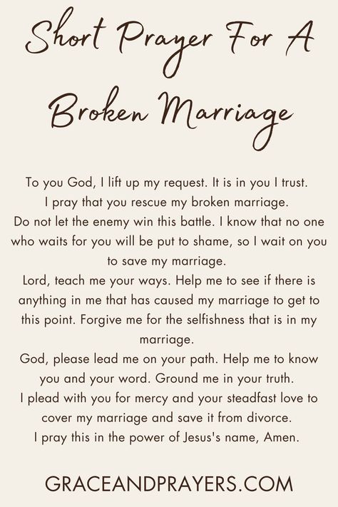 Are you seeking prayers for a broken marriage? Then we hope these 9 powerful prayers will help you reach God and help mend your marriage! Click to read all prayers for a broken marriage. Prayer To Restore Marriage, Spiritual Warfare Prayers For Marriage, Healing Your Marriage, Fixing A Broken Marriage, Couple Prayers Relationships, How To Fix A Broken Marriage, Prayers For Marriage In Trouble, Prayers For Broken Marriage, Prayer For Troubled Marriage