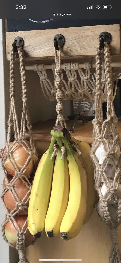 Fruit Hanger Crochet, Aesthetic Kitchen Organization Ideas, Crochet Fruit Hanger, Macrame Veggie Holder Diy, Small Van Storage Ideas, Crochet Storage Ideas Organizations, Cheap Kitchen Organization Ideas, Banana Holder Ideas, Diy Macrame Produce Hanger