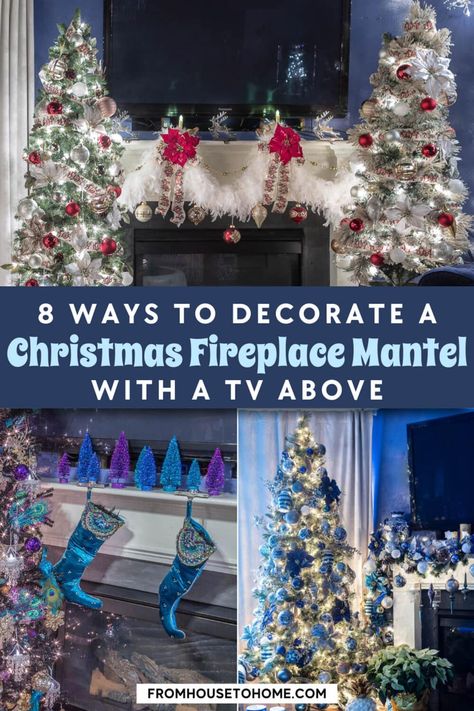 These simple and elegant Christmas mantel decorating ideas will help you decorate for the holiday season even when there's a TV above your fireplace! Christmas Fireplace Design, Fireplace Mantel Decorating Ideas, Christmas Fireplace Mantels, Large Garland, Mantel Decorating Ideas, Christmas Colour Schemes, Glam Christmas Decor, Mantel Decorating, House To Home