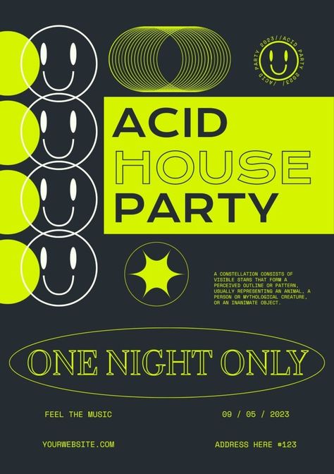 Cool Neon Acid House Party Invitation Party Invitation Graphic Design, House Party Poster, Phd Party, House Party Flyer, Neon Party Invitations, Instagram Invitation, Acid House Rave, House Party Invitation, Party Flyer Design