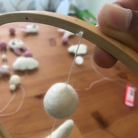 How To Make A Nursery Mobile On A Round Wooden Mobile Frame – Felt Ball Rug Australia Diy Mobiles For Nursery, Felt Mobile Diy, Diy Cot Mobile, Homemade Baby Mobiles, Crib Mobile Diy, Rug Australia, Diy Baby Mobile Tutorial, Pregnancy Crafts, Felt Mobiles