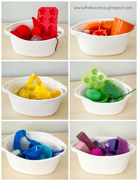 Montessori inspired color themed treasure baskets for babies and toddlers. How to make these treasure baskets and why they are great. Baby Treasure Basket, Sensory Basket, Colors For Toddlers, Maluchy Montessori, Montessori Environment, Treasure Basket, Infant Classroom, Baby Sensory Play, Montessori Toddler Activities