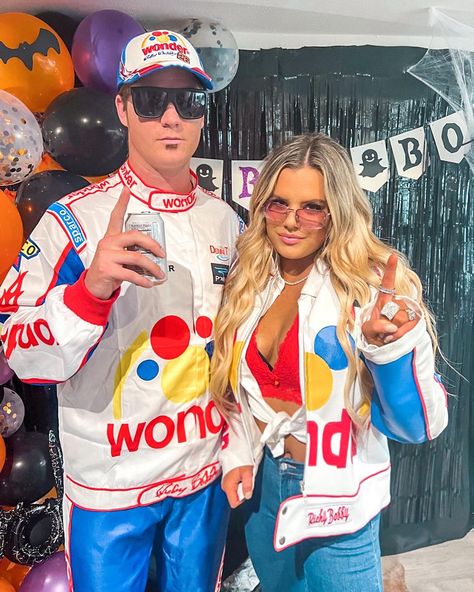 Hollween Costumes Funny, Couples Halloween Costume Talladega Nights, Talladega Nights Family Costume, Halloween Costumes Talladega Nights, Talidaga Nights Halloween Costume, Taladega Nights Wife Costume, Tallegeda Nights Costume, Racecar Driver Halloween Costume Couple, Taladaganights Costume Couple