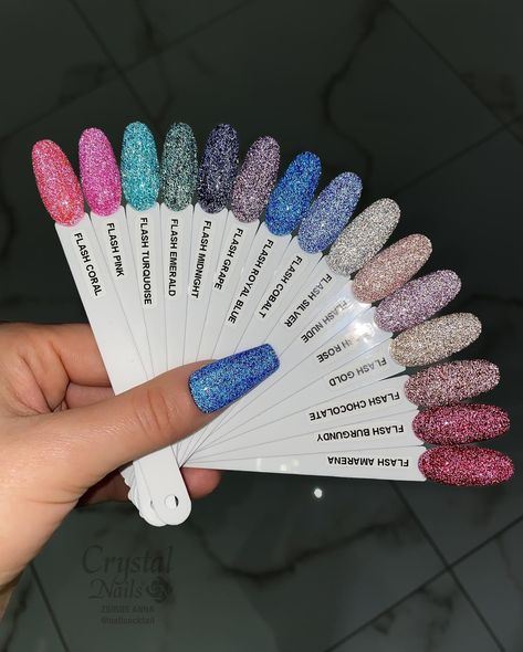 Sens Flash Gel Polish collection featuring all the available colours including new shades Amarena & Royal Blue Using crystalnails4u Photo by @nailcocktail #crystalnails4u #showcnuk #flashgel #flashgelpolish #flashcolors #crystalnails #flash #colors #színajánló #glittergel #nailtechuk #londonnails #nailsandbeauty #beautyuk #nailsuk #nailtechnicianuk #newproductalert #manchester #colchester #gelnailsuk Glitter Flash Nails, Flash Gel Nail, Flash Effect Nails, Nail Flash, Blue Reflective Nails, Reflective Gel Nails, Flash Nails Design, Flash Nails, Red Nail Art Designs