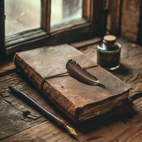 Vintage #Writing Essentials: An old #leatherbound journal with a feather #quill and #inkbottle, resting beside a #rustic window. #vintagewriting #journal #featherpen #inkwell #oldworldcharm #aiart #aiphoto #stockcake ⬇️ Download and 📝 Prompt 👉 https://stockcake.com/i/vintage-writing-essentials_1006414_1014666 Vintage Writing Aesthetic, Old Journal Aesthetic, Quill Aesthetic, Writing Quill, Rain Cartoon, Old Journal, Evermore Aesthetic, Folklore Aesthetic, Bookish Aesthetic