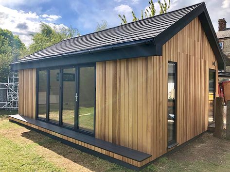 Summer House Roof Ideas, Pitched Roof Garden Room, Garden Room Pitched Roof, Garden Gyms, Brick Shed, Shed Design Plans, Garden Gym, Pitch Roof, Woodland Cabin