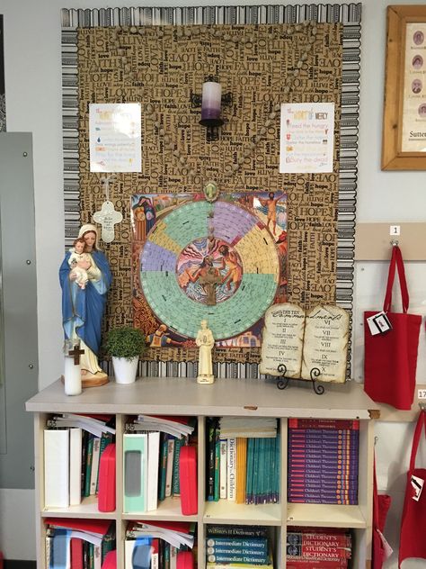 Catholic Classroom Confirmation Classroom Display, Ccd Classroom Ideas, Religion Classroom Decor, Classroom Prayer Corner, Catholic School Classroom Decor, Classroom Altar, Catholic Classroom Decor, Catholic School Aesthetic, Classroom Prayer