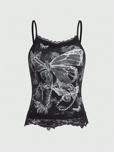 Butterfly Print Contrast Lace Cami Top Black Casual   Fabric Butterfly Cami High Stretch  Women Clothing, size features are:Bust: ,Length: ,Sleeve Length: Fairycore Butterfly, Fairycore Top, Witchy Outfits, Silly Clothes, Black Cami Top, Fabric Butterfly, Lace Cami Top, Cat Top, Women Tank Tops