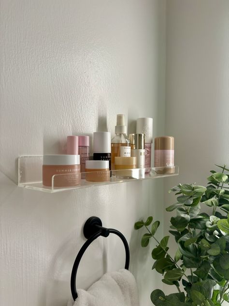 Clear Acrylic Shelves Bathroom, Acrylic Floating Shelves Bathroom, Beauty Shelf Display, Small Floating Shelves Bathroom, Clear Acrylic Shelf, Floating Makeup Shelf, Acrylic Shelf Bathroom, Clear Bathroom Shelves, Acrylic Wall Shelves