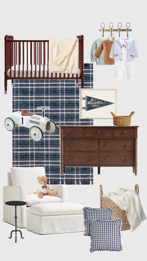 Baby nursery, baby crib, plaid rug, gingham pillows, dark wood furniture Vintage Baby Boy Nursery, Vintage Nursery Boy, Nursery Trends, Vintage Baby Boys, Diy House Renovations, Nursery Room Design, Baby Room Inspiration, Baby Boy Room Nursery, Nursery Room Inspiration