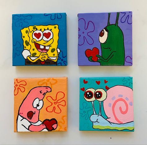 King Boo Painting, Spongebob Love Painting, Painting Ideas For Ur Bf, Canvas Painting Ideas Spongebob, Matching Paintings For Best Friends, Big Canvas Ideas, Spongebob Art Painting, Duo Paintings, Matching Canvas Paintings