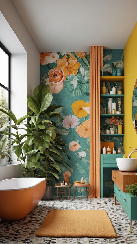 Refresh Your Bathroom with Dopamine Decor Bathroom Ideas - Shark Printables Water Theme Bathroom, Magical Bathroom Ideas, Dopamine Bathroom, Dopamine Decor Bathroom, Orange And Green Bathroom, Colorful Bathroom Decor Ideas, Cute Bathroom Ideas Aesthetic, Peach Bathroom Ideas, Bright Bathroom Ideas