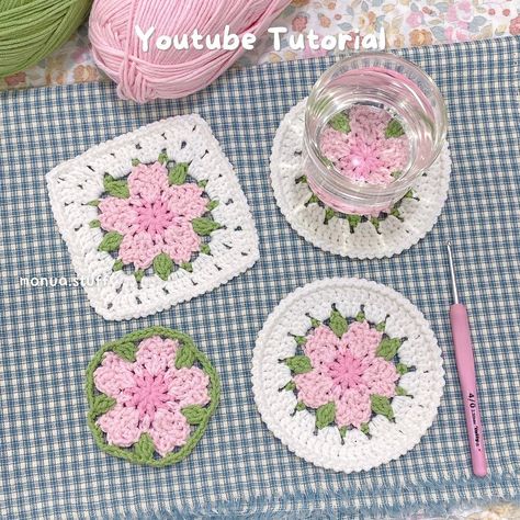 Cherry Blossom Coasters/Granny Square 🌸 I made some lovely coasters for this week’s video (๑･̑◡･̑๑) hope you enjoy it!! Tutorial is… | Instagram Flower Squares Crochet, Sakura Coaster Crochet, Granny Square Crochet Coaster, Cherry Crochet Granny Squares, Crochet Cherry Blossom Granny Square, Sakura Crochet Pattern Free, Cherry Blossom Granny Square, Cherry Granny Square Pattern, Sakura Granny Square