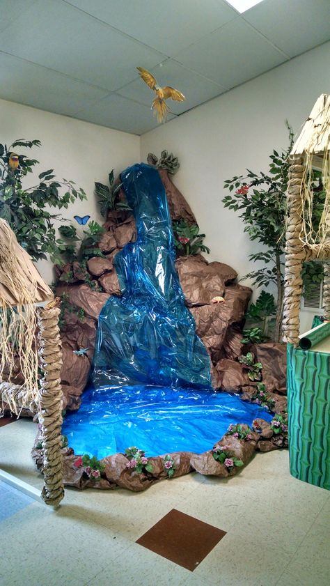 Rainforest waterfall - VBS 2016 Waterfall Decoration, Rainforest Waterfall, Jungle Decorations, Ganpati Decoration At Home, Janmashtami Decoration, Ganapati Decoration, Vbs Themes, Ganpati Decoration Design, Vbs Crafts