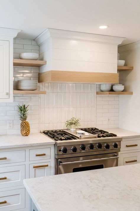 Custom Range Hood With Open Shelving, Adding Wood To Range Hood, Hood Vent With Open Shelves, Small Stove Hood, Kitchen Hood With Open Shelving, Kitchen Hood Shelves, Stove Hood With Open Shelving, Stove Vent Hood Ideas Small Kitchen, Wall Hood Kitchen