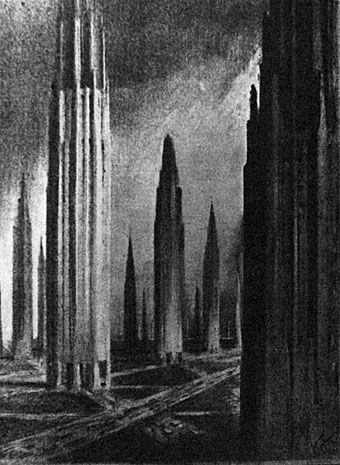 A City of Needles (1924), Hugh Ferriss. Hugh Ferriss, Fritz Lang, Dark City, Brutalist Architecture, Futuristic City, Future City, Retro Futuristic, Gothic Architecture, Brutalism