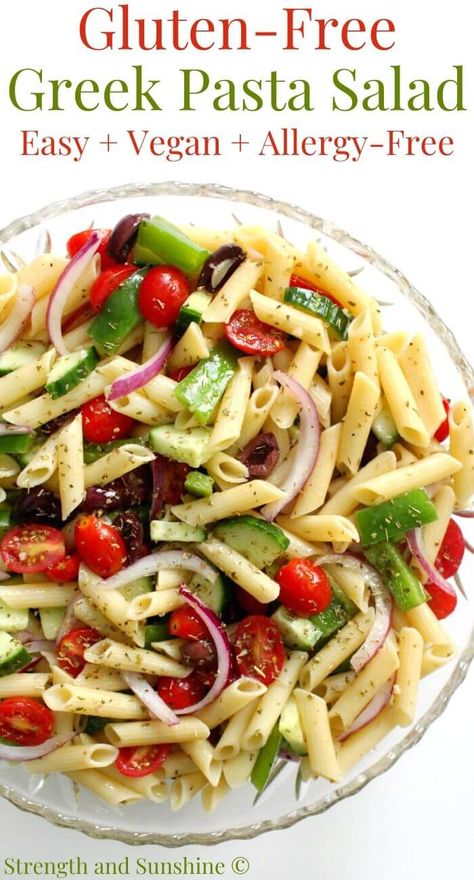 Gluten-Free Greek Pasta Salad (Vegan, Allergy-Free) | Strength and Sunshine | This easy Gluten-Free Greek Pasta Salad is vegan, dairy-free, allergy-free, loaded with fresh crunchy veggies, & a homemade greek vinaigrette! A healthy Mediterranean cold side dish recipe that takes the ingredients of a classic Greek salad, juicy tomatoes, crisp cucumbers, kalamata olives, red onion, green pepper, & adds pasta! #greeksalad #pastasalad #mediterranean #salad #sidedish #glutenfreepasta #vegansidedish Gluten Free Greek Salad, Pasta Salad Recipes Gluten Free Dairy Free, Lactose Free Salads, Mediterranean Recipes Dairy Free, Anti Inflammation Pasta Salad, Vegan Mediterranean Pasta Salad, Pasta Salad Non Dairy, No Dairy Pasta Salad, Dairy Free Cold Pasta Salad