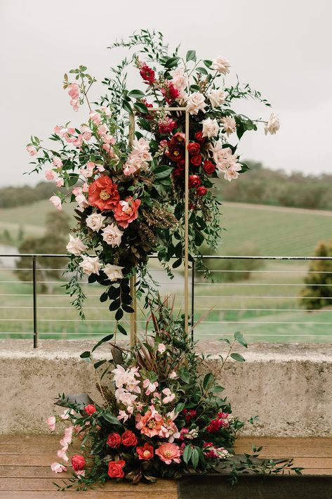 Wedding Standing Flower, Gold Stands With Flowers Wedding, Wedding Flowers At Alter, Flower Arrangements On Stands, Floral Stand Display, Ceremony Pedestal Flowers, Ceremony Florals On Stands, Floral Stands Wedding, Flower Tower Wedding