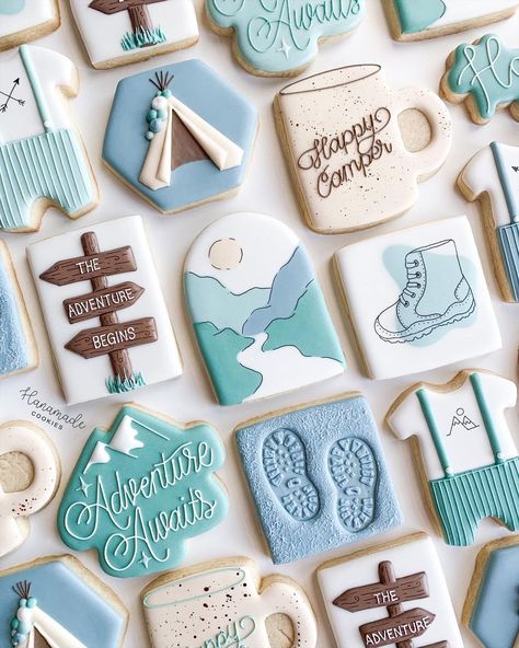 Hanamade Cookies on Instagram: “Adventure awaits 🏔 . . . . Mountain scene inspo from @riverandbirchcookies and boot linework inspo from @littleflourshop ! . . . . . . . .…” Adventure Awaits Cookies Decorated, Adventure Cookies Decorated, Outdoor Themed Cookies, Hiking Cookies Decorated, Camping Sugar Cookies Decorated, Let The Adventure Begin Cookies, D&d Cookies, Adventure Awaits Cookies, Adventure Awaits Baby Shower Cookies