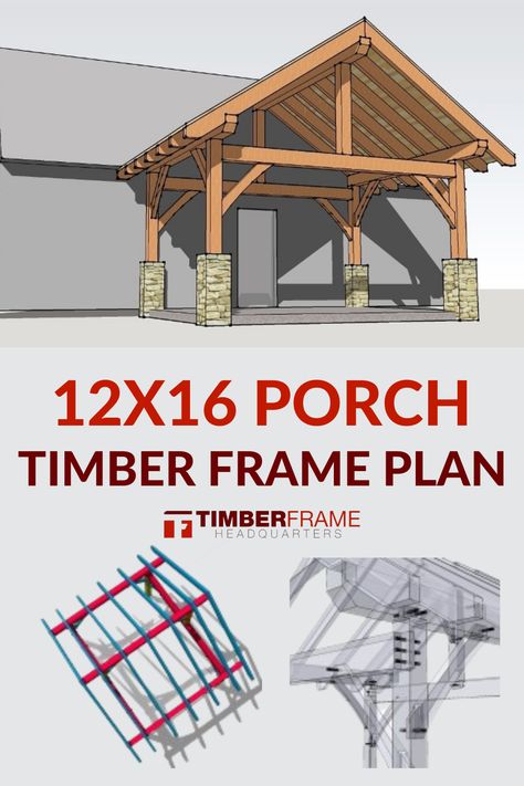 Are you ready to download and build a Timberframe Porch? Whether you're looking for a post and beam timberframe plan or a heavy timber plan we have you covered. Our timberframe porch. This versatile 12×16 timber frame porch can be used for a wide variety of projects.  Originally designed for a front porch, this plan is well suited for a shed, pavilion or just a place to get away from it all. Timber Frame Covered Porch, Timber Frame Screened In Porch, Timber Frame Front Porch Ideas, Timber Frame Patio Cover, Post And Beam Addition, Timber Frame Gable, Roof Addition Ideas Front Porch, A Frame Porch Ideas, Timber Frame A Frame