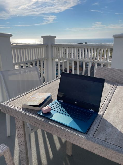 Working From Beach, Writing On Computer Aesthetic, Coastal Town Aesthetic, Monthly Aesthetic, Moon Manifestation, November Mood, Aesthetic Computer, Computer Writing, Character Tattoos