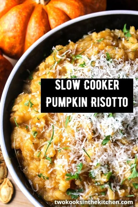 In the spirit of Fall, we're making slow cooker pumpkin risotto recipe. Rich, creamy and dairy free (unless you add Parmesan). And best of all, it's a very easy risotto to make. Autumn Crock Pot Recipes, Crockpot Pumpkin Recipes, Chicken And Pumpkin Risotto, Thanksgiving Slow Cooker, Autumn Dinners, Pumpkin Risotto Recipes, Crockpot Pumpkin, Fall Slow Cooker, Thanksgiving Crockpot Recipes