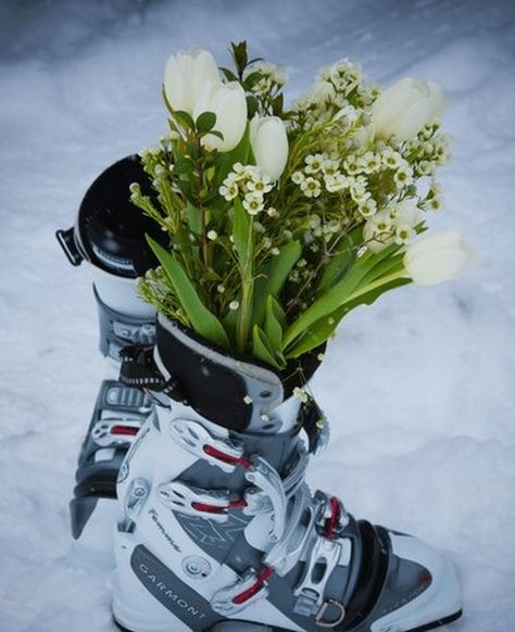 Ski Theme Centerpiece  Wedding Ideas | | TopWeddingSites.com Snowboard Wedding, Boot Centerpiece, Ski Resort Wedding, Ski Wedding, Breckenridge Wedding, Apres Ski Party, Snow Wedding, Ski Holidays, Winter Wonderland Wedding